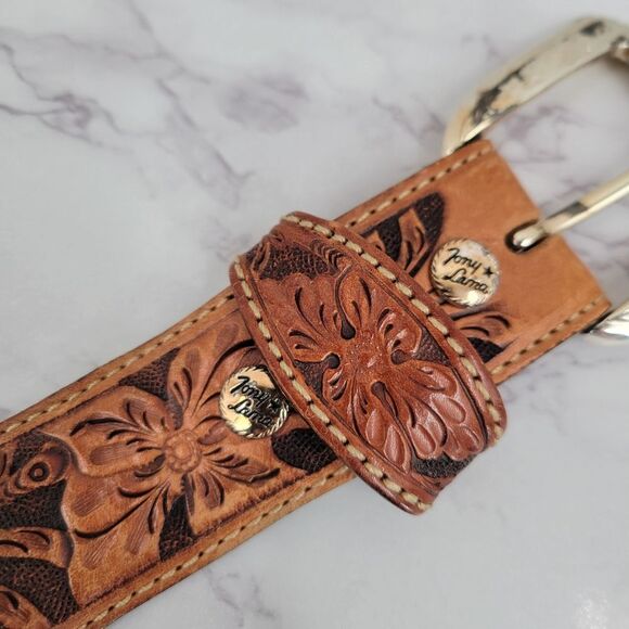 Tony Lama Brown Leather Floral Tooled Belt with Silver Buckle Top Hand - Picture 7 of 16